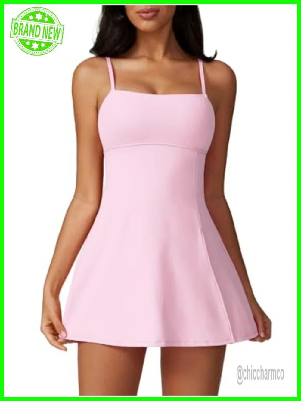 Square Neck Tennis Dress with Shorts Spaghetti Strap Backless Side Slit